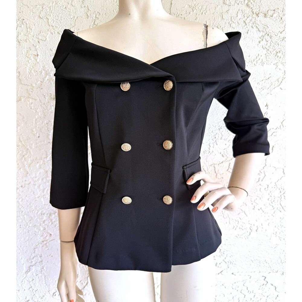 JOSEPH RIBKOFF Black Off Shoulder Double Breasted Blazer Jacket Women 8